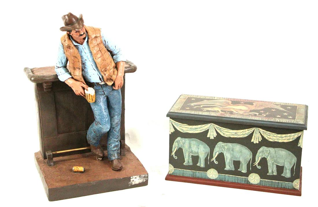 MIXED LOT OF TWO DECORATIVE ITEMS: MIXED LOT OF TWO DECORATIVE ITEMS - "CUTTING THE DUST" BY MICHAEL GARMAN FIGURINE AND AMERICAN PAPER COVERED DOCUMENT BOX Height: 18 in. by Width: 11 in. by Depth: 10 in.