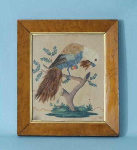 AMERICAN FOLK ART WATERCOLOR: AMERICAN FOLK ART WATERCOLOR ON PAPER WITH APPLIED NATURAL FEATHERS AND ORIGINAL BIRDS EYE MAPLE GLAZED FRAME. Height: 12 in. by Width: 10 in.