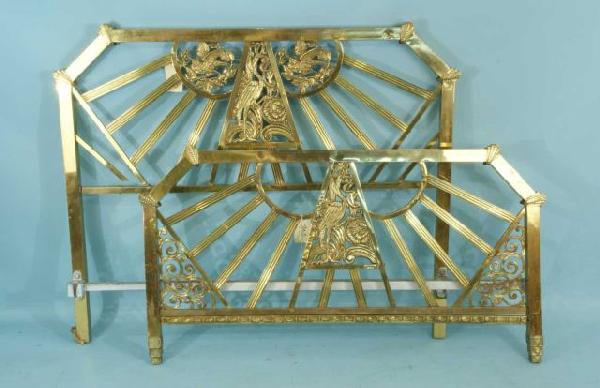 FULL SIZE BRASS BED WITH BIRD MOTIF: FULL SIZE BRASS BED WITH BIRD MOTIF. No rails. Height: 48 in. and 31 in. by Width: 57. in and 57 in. by Depth: 4 in. and 2 1/2 in.