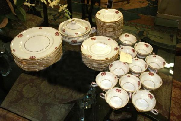 SIXTY-PIECE BOX LOT OF CHINA BY CASTLETON: SIXTY-PIECE BOX LOT OF CHINA BY CASTLETON. 1. LARGE COVERED BOWL WITH HANDLES. 2. TWELVE DINNER PLATES. 3. ELEVEN COFFEE/TEA CUPS. 4. TWELVE SAUCERS. 5. TWELVE BREAD PLATES. 6. TWELVE SALAD PLATES.
