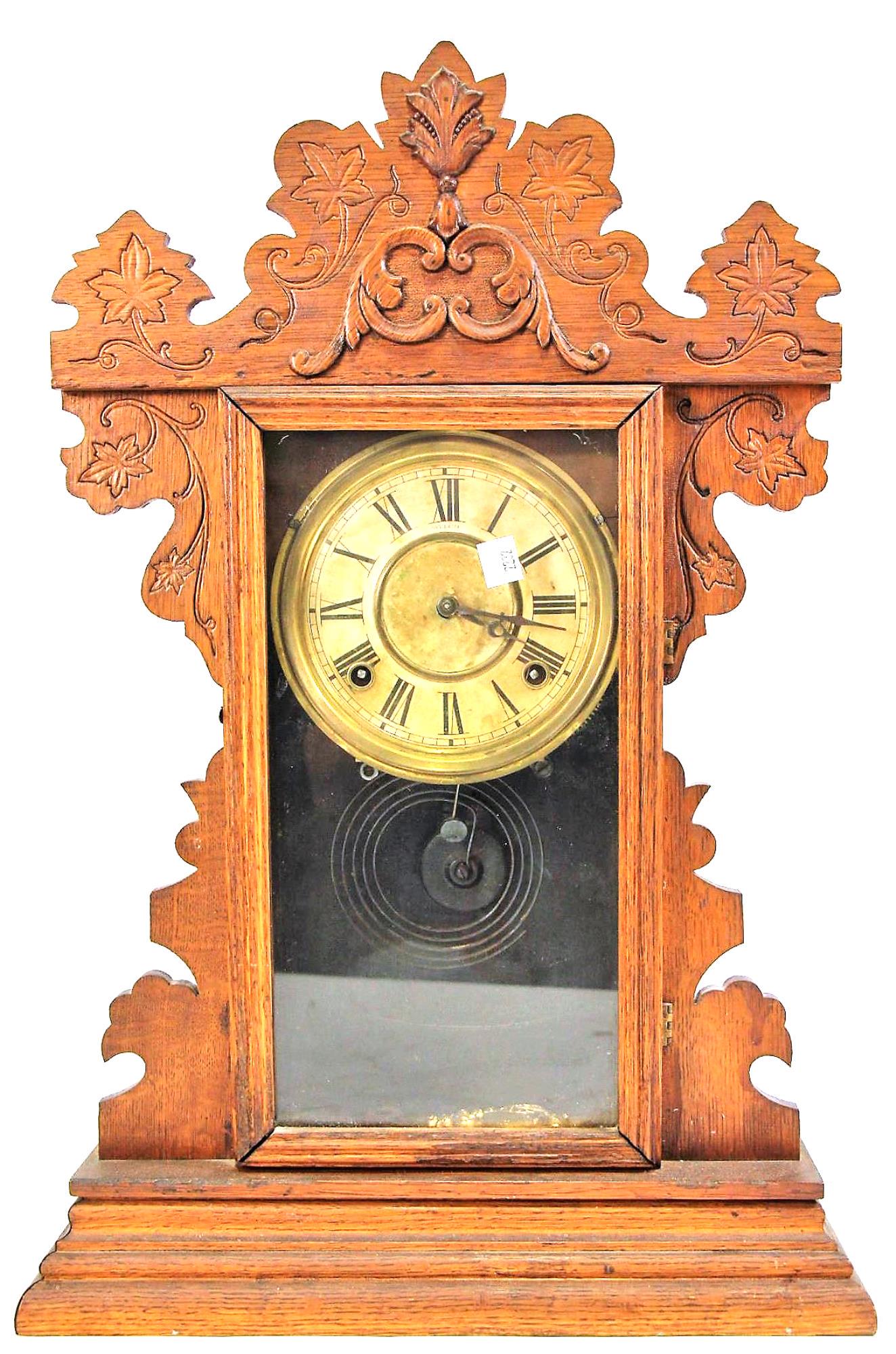 19th CENTURY WELCH CO. PRESSSED OAK MANTEL CLOCK: 19th CENTURY WELCH CO. PRESSED OAK MANTEL CLOCK. Height: 23 in. by Width: 15 in. by Depth: 5 in.
