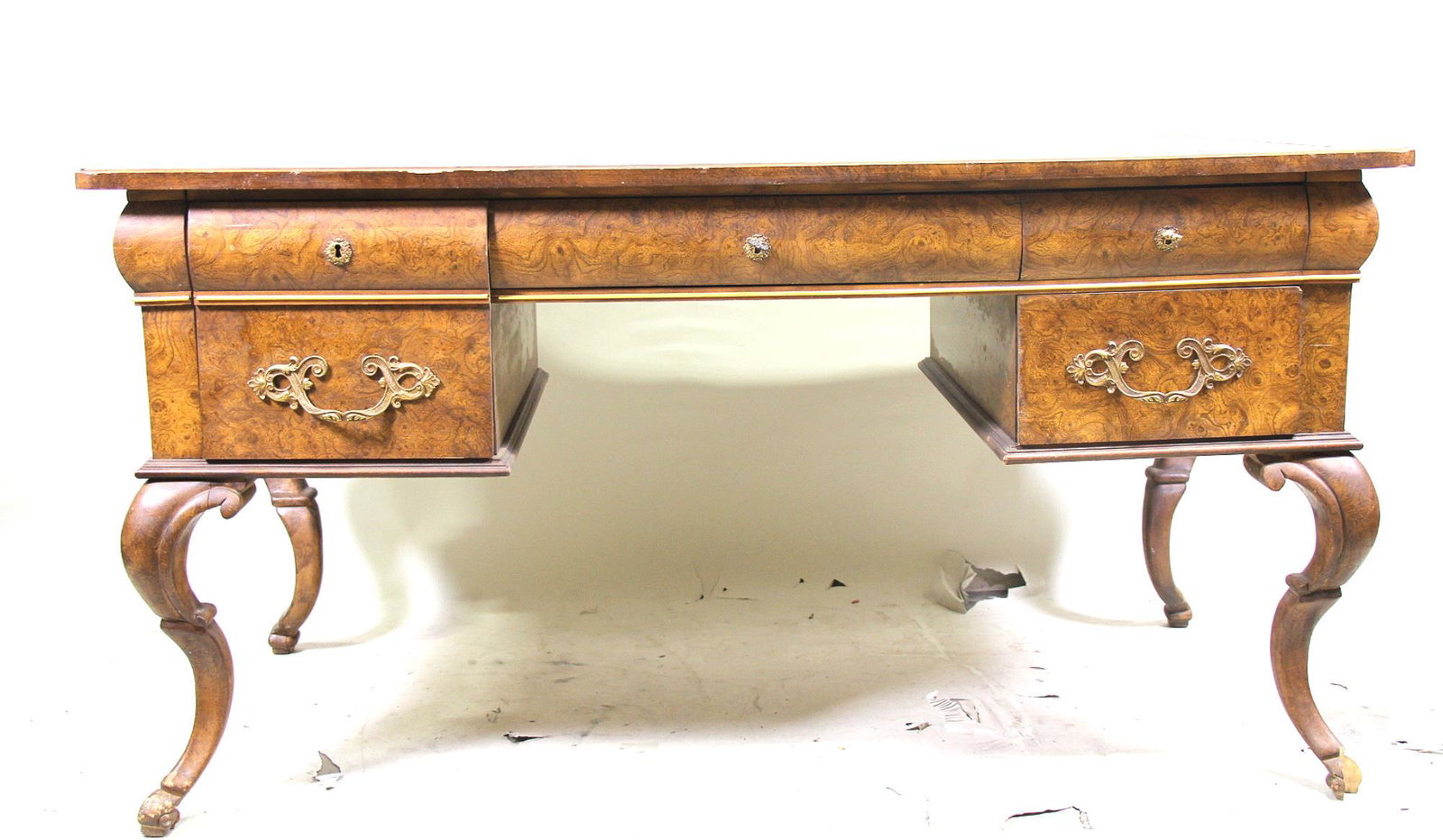 VINTAGE WRITING DESK WITH TOOLED LEATHER TOP: VINTAGE WRITING DESK WITH TOOLED LEATHER TOP. Height: 31 in. by Width: 60 in. by Depth: 28 in.