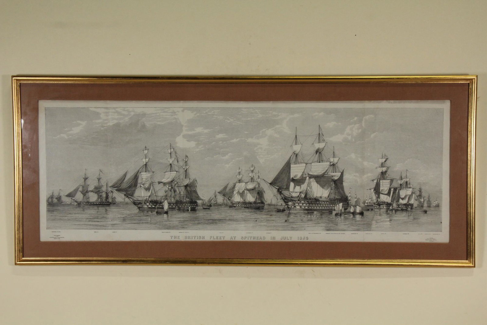 ORIGINAL ETCHING OF BRITISH FLEET AT SPITHEAD 1853: FRAMED & MATTED ORIGINAL WOOD ETCHING PRINT OF BRITISH FLEET AT SPITHEAD IN JULY 1853 BY WILLIAM LITTLE AUGUST 6,1853 - DOES HAVE FOLDING MARKS, BUT OTHERWISE IN EXCELLENT CONDITION WITH NO FOXING MAR