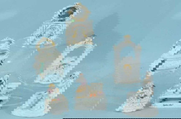 LOT OF SIX SOFT PASTE PORCELAIN PIECES: LOT OF SIX SOFT PASTE PORCELAIN PIECES. 1. BOY WITH DOG. 2. ANGEL AND BIBLE. 3. GIRL WITH MIRROR. 4. FROG ON BOX. 5. SPANKED INTO BED. 6. DOVE BOX.