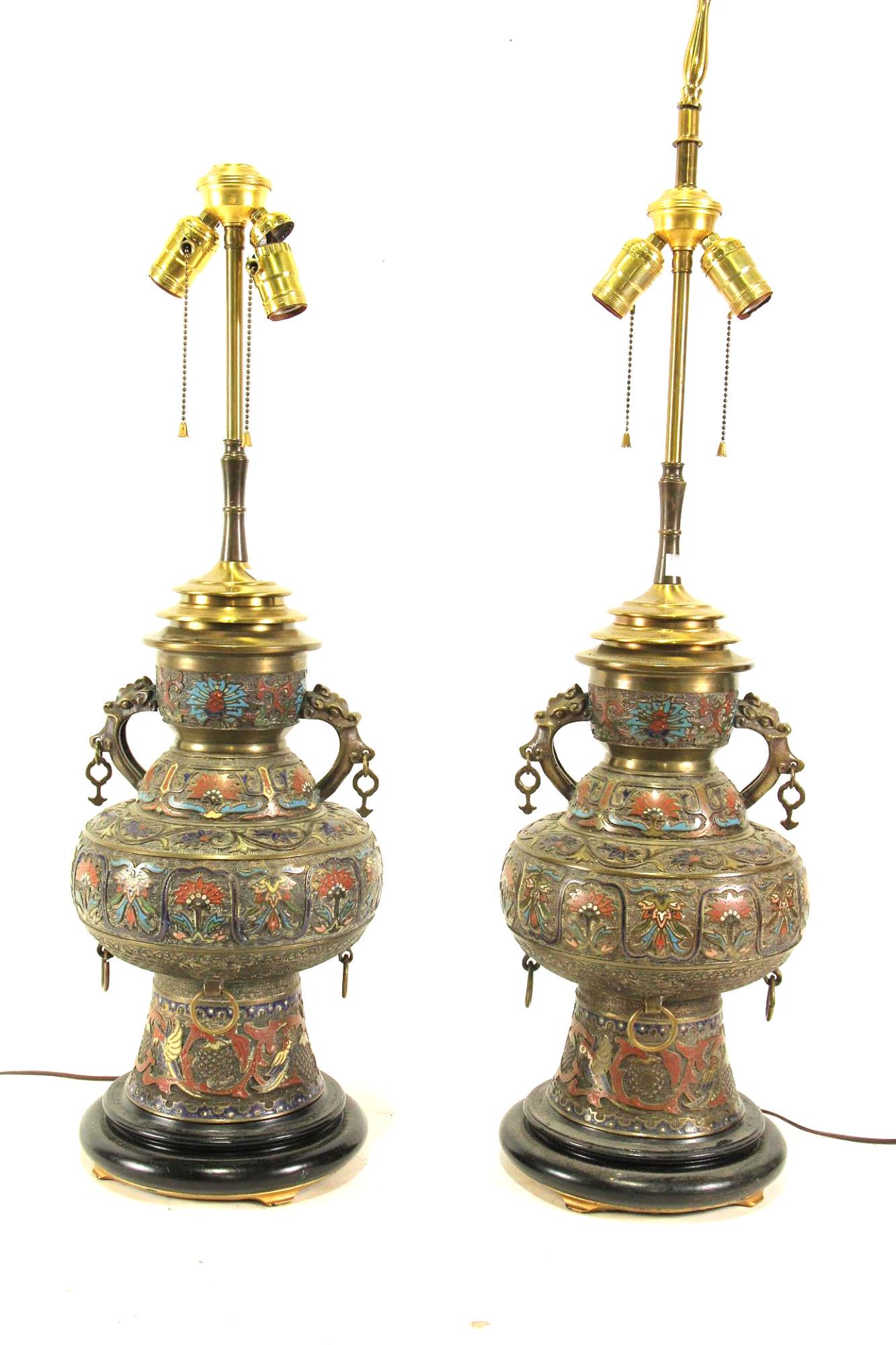 PAIR OF 19th C. THAILAND BRONZE CLOISONNE LAMPS (1 of 8)
