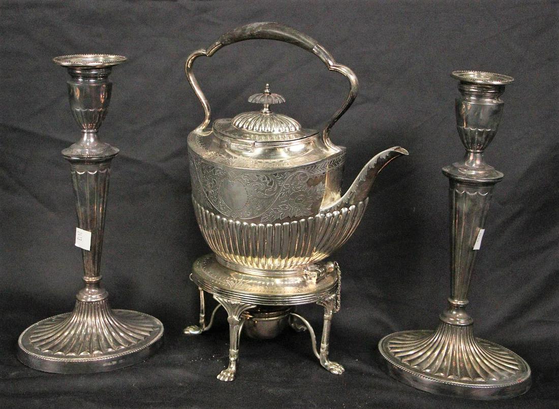 PAIR OF SILVER PLATED CANDLESTICKS AND TEAPOT (1 of 3)