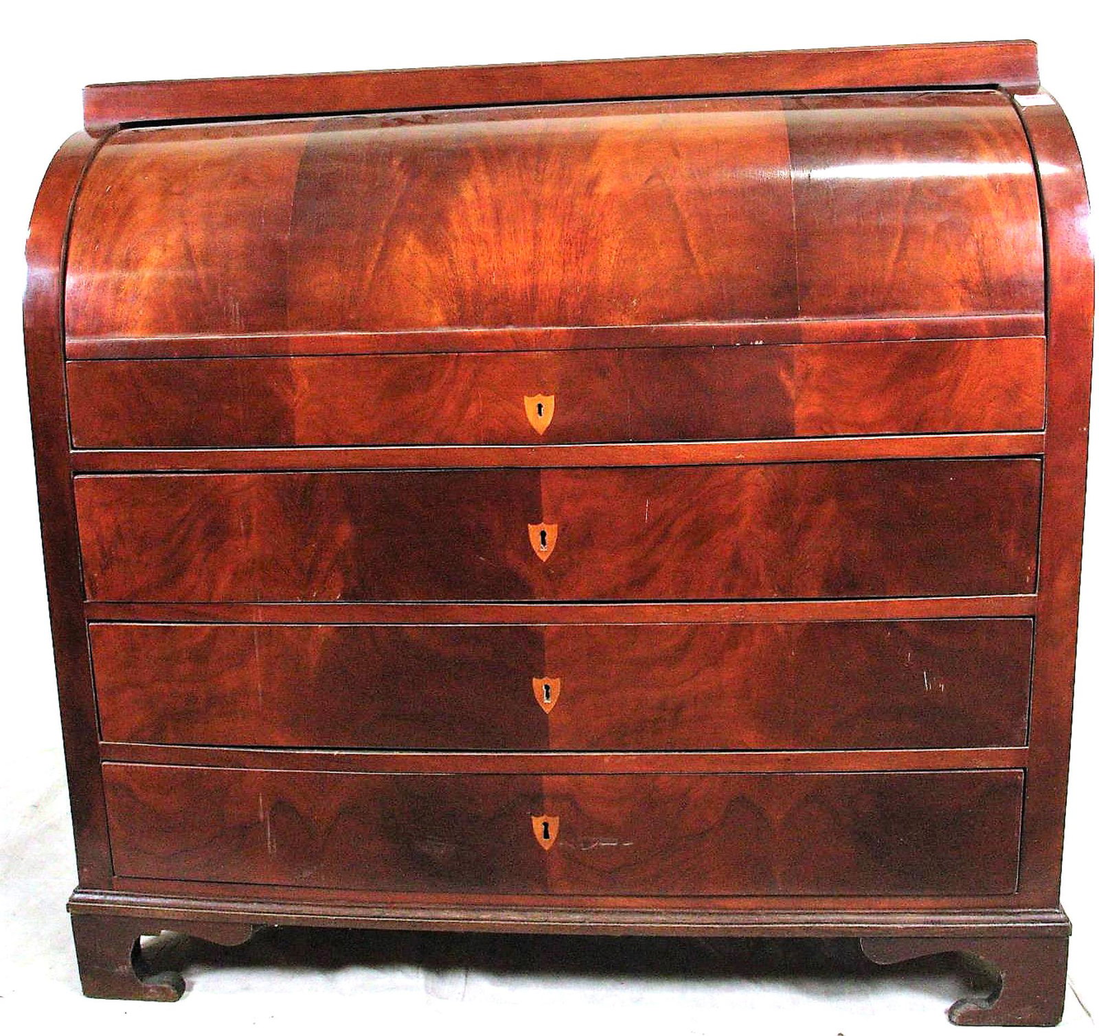 19th CENTURY MAHOGANY ROLL TOP SECRETARY: 19th CENTURY MAHOGANY ROLL TOP SECRETARY. Height: 45 in. by Width: 46 in. by Depth: 21 in.