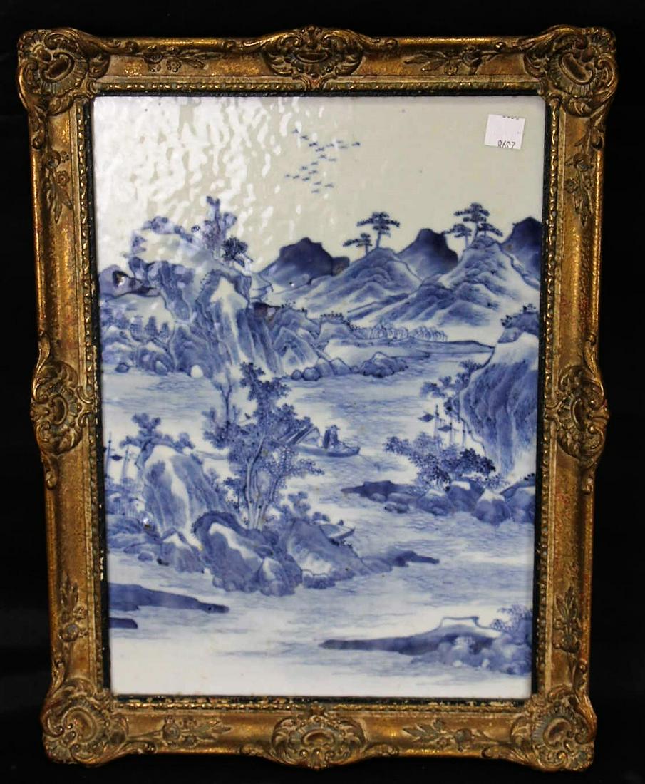 ANTIQUE BLUE & WHITE PORCELAIN LANDSCAPE PLAQUE (1 of 6)