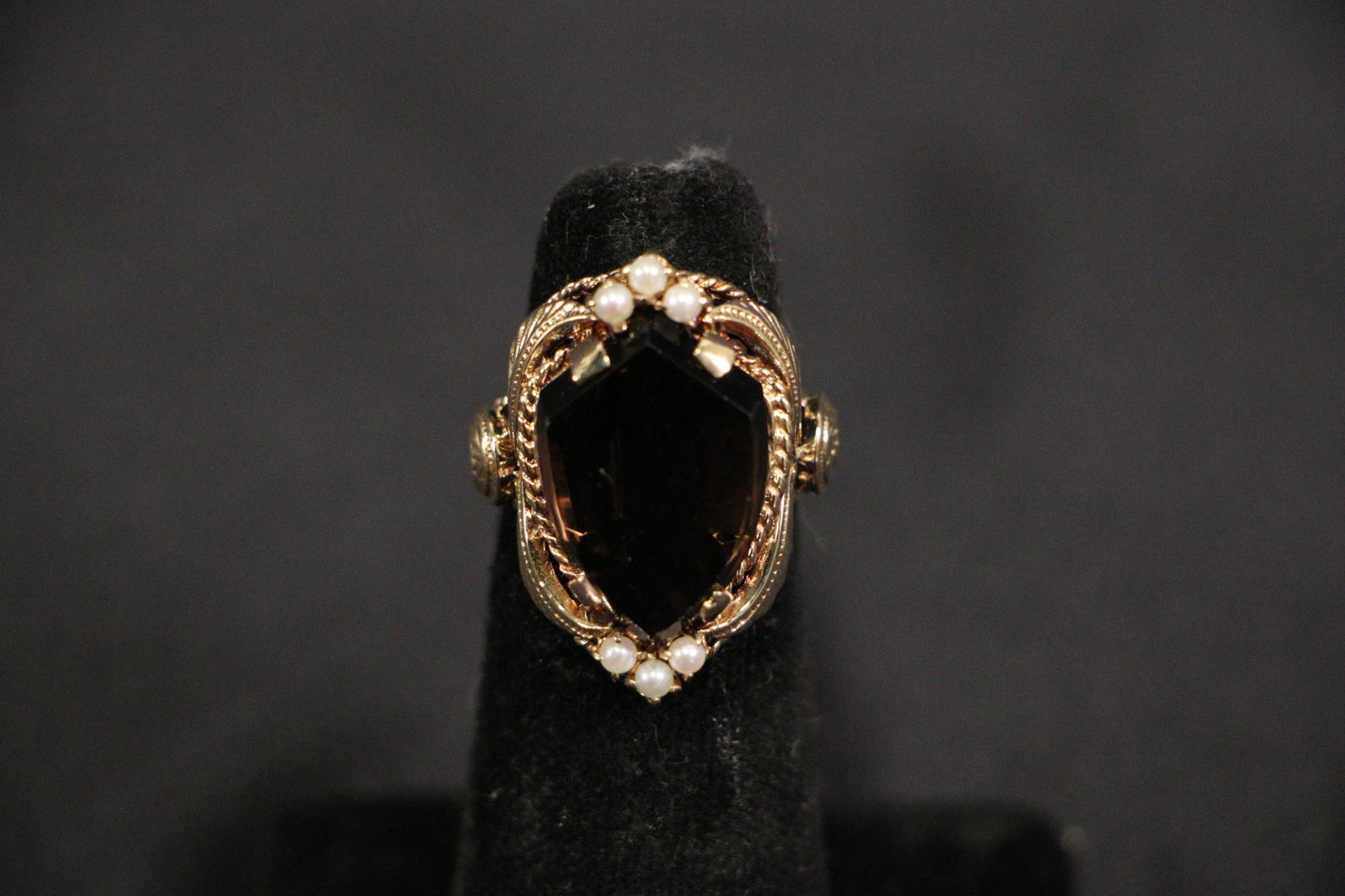 ANTIQUE 14KT. PEARL & BROWN SMOKEY QUARTZ RING (1 of 3)