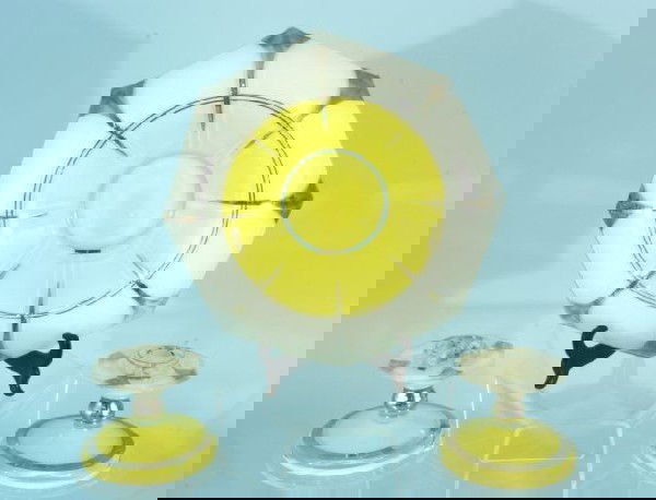 ART DECO GLASS CHARGER & CANDLESTICKS, CIRCA 1930: ART DECO GLASS CHARGER AND TWO CANDLESTICKS. CIRCA 1930's. Height: 12 and 4 in. by Width: 12 and 4 1/2 in. by Depth: 2 and 4 1/2 in.