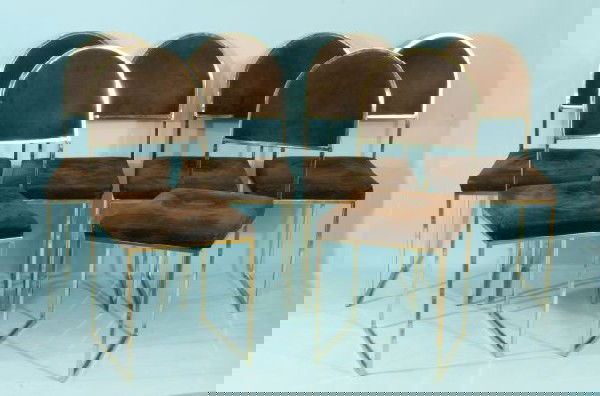 SIX GOLD METAL SIDE CHAIRS WITH BROWN VELVET: SET OF SIX GOLD METAL SIDE CHAIRS WITH BROWN VELVET UPHOLSTERY. Height: 41 in. by Width: 17 in. by Depth: 20 in.