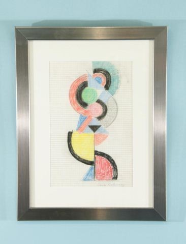 SONIA DELAUNAY "UNTITLED GEOMETRIC COMPOSITION": ATTRIBUTED TO SONIA DELAUNAY (FRENCH, 1885-1979) "UNTITLED GEOMETRIC COMPOSITION" PASTEL WITH CHARCOAL AND PENCIL ON GRIDDED PAPER, SIGNED, PROBABLY CIRCA 1960-65. FRAMED AND MATTED. REMOVED FROM A SP