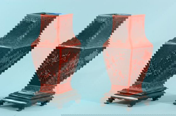 PAIR OF CINNABAR VASES WITH ORIGINAL STANDS: PAIR OF CINNABAR VASES WITH ORIGINAL STANDS. Height: 13 1/4 in. by Width: 5 3/4 in. by Depth: 5 in.