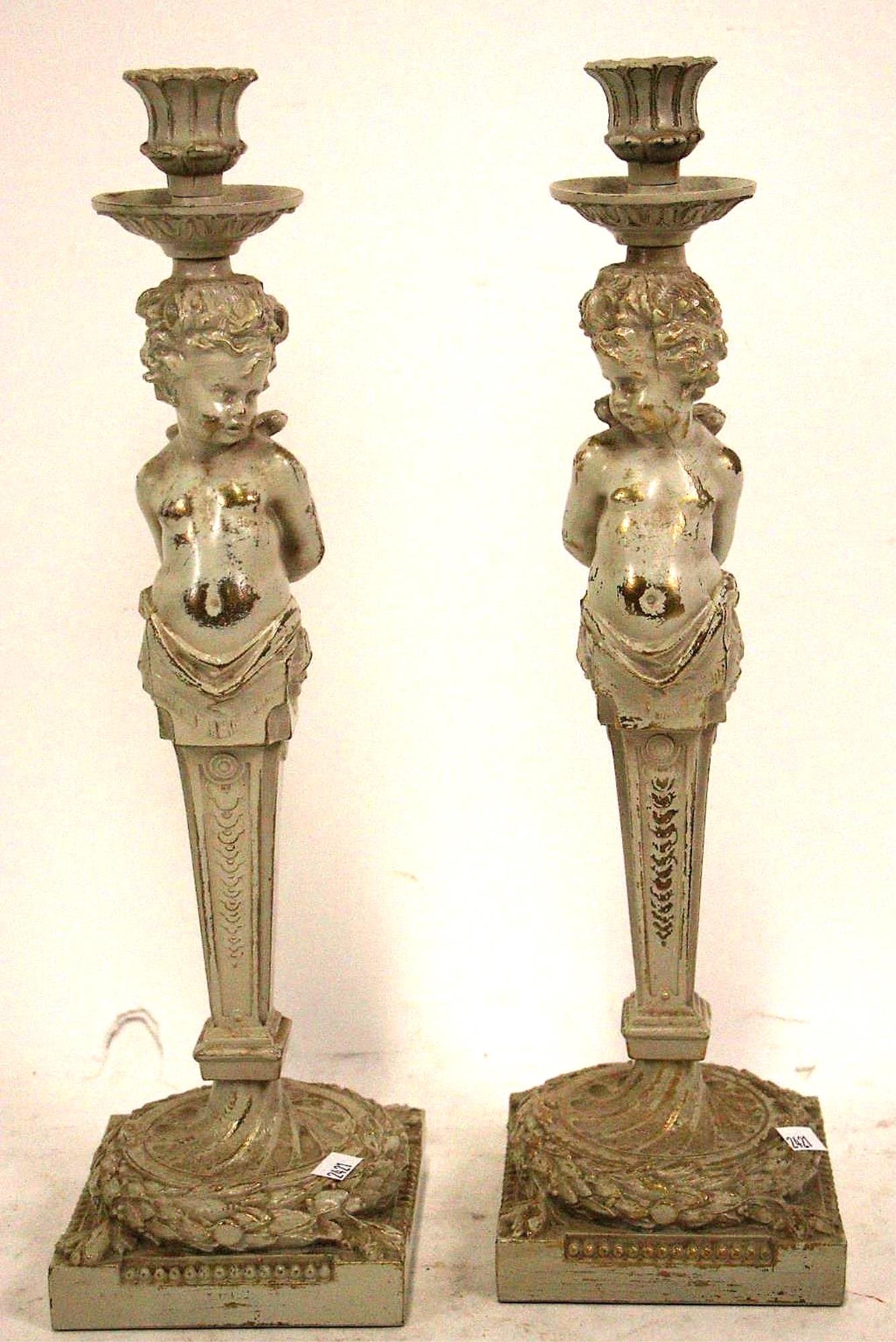 PAIR OF PAINTED BRASS CARYATID CANDLESTICKS (1 of 4)