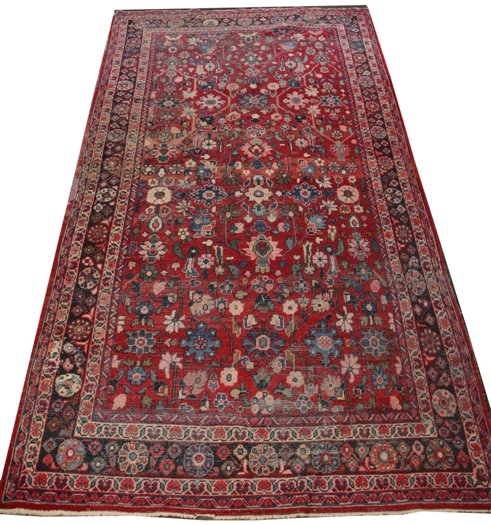 ANTIQUE HAND KNOTTED PERSIAN RUG: ANTIQUE HAND KNOTTED PERSIAN RUG. MINOR WEAR (SOLD AS IS). Height: 110 in. by Width: 62 in.