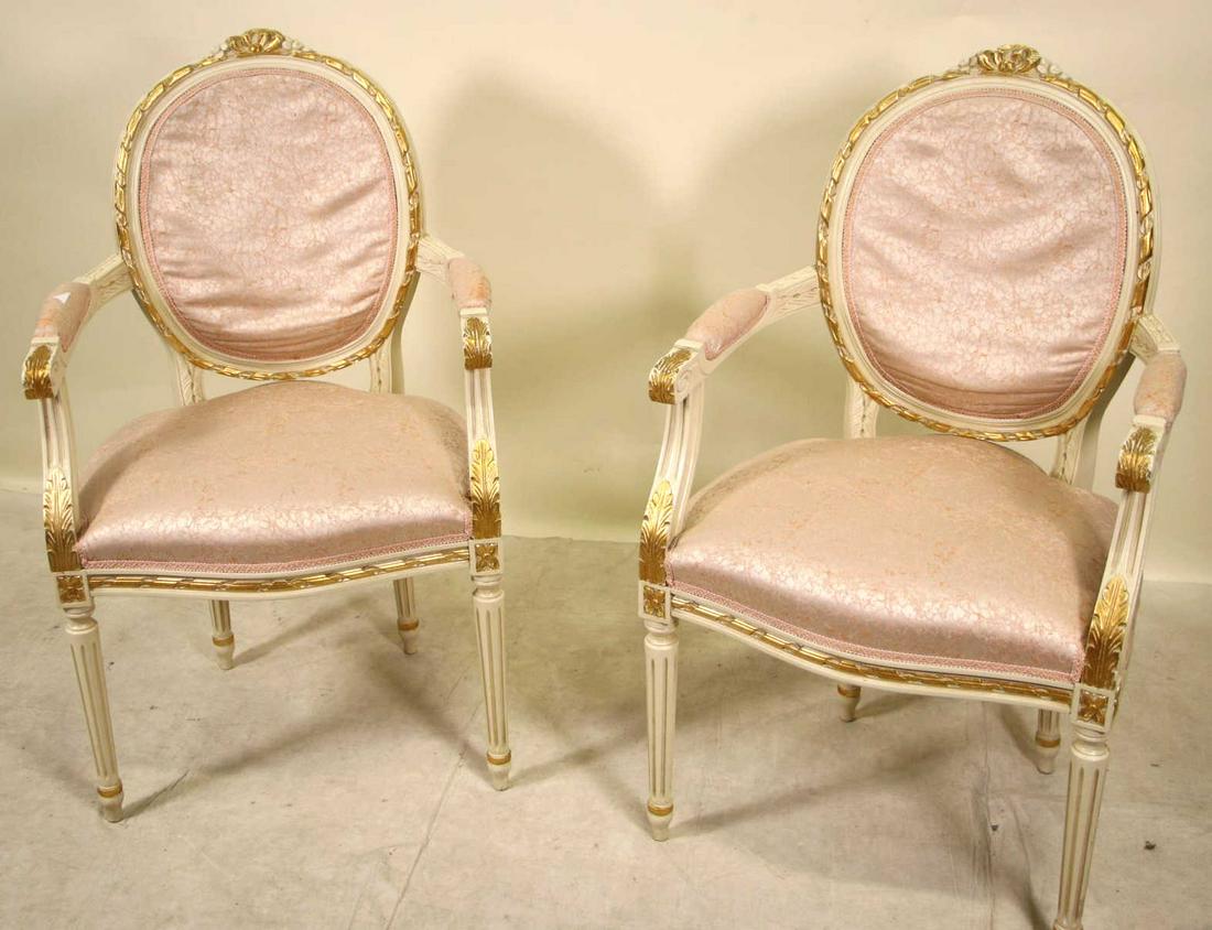 PAIR OF FRENCH OVAL BACK ARMCHAIRS: PAIR OF FRENCH OVAL BACK ARMCHAIRS. Height: 39.5 in. by Width: 23 in. by Depth: 20 in.
