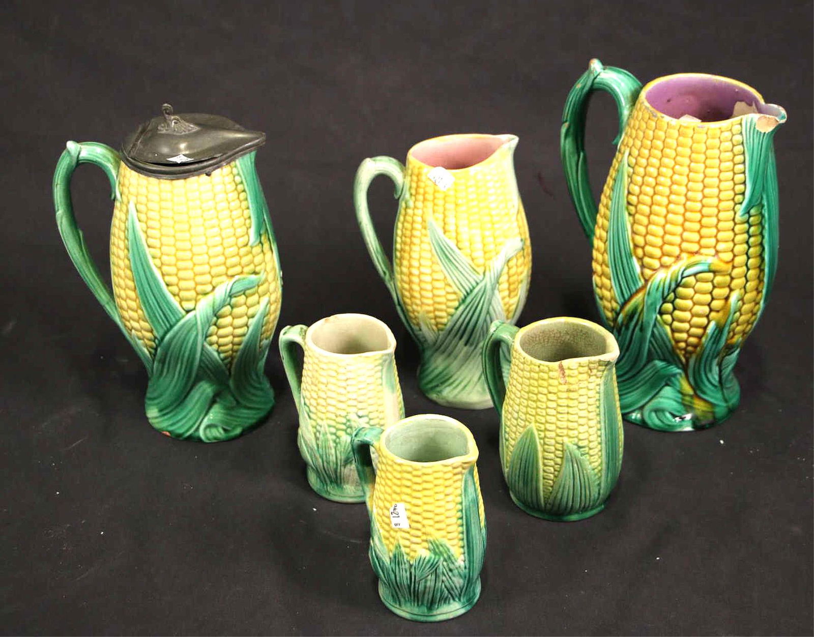 MIXED LOT OF SIX MAJOLICA CORN MOTIF PITCHERS (1 of 5)