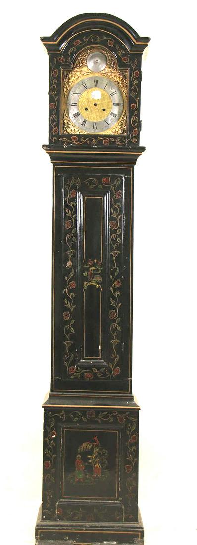 19th CENTURY BLACK LACQUERED GRANDFATHER CLOCK: 19th CENTURY CHINESE STYLE BLACK LACQUERED GRANDFATHER CLOCK. SOLD AS IS. Height: 81 in. by Width: 17 in. by Depth: 9 in.