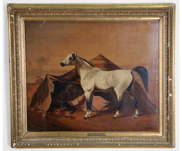 19th CENTURY FRANZ KRUGER ARABIAN HORSE OIL PAINTING: 19th CENTURY FRANZ KRUGER (GERMAN, 1797-1857) ARABIAN HORSE OIL ON CANVAS PAINTING IN GILDED FRAME. Height: 18.5 in. by Width: 21 in.