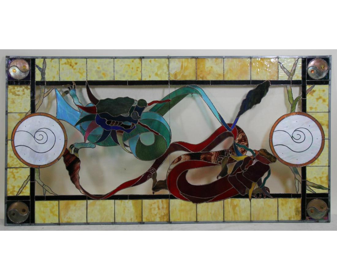 CHINESE TWIN DRAGON YING-YANG STAINED GLASS WINDOW (1 of 3)