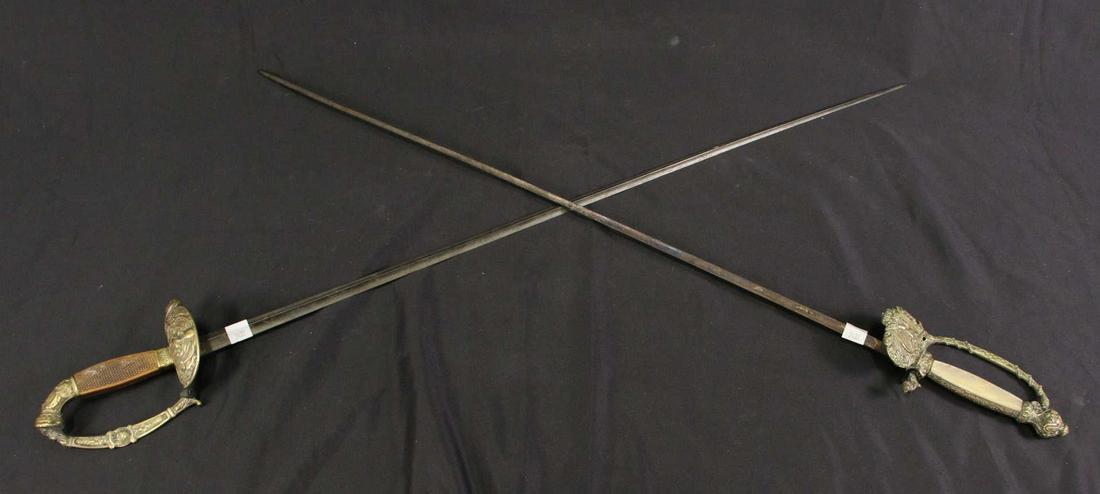 PAIR OF ANTIQUE BRASS SWORDS: PAIR OF ANTIQUE BRASS SWORDS - ONE SPANISH & ONE AMERICAN