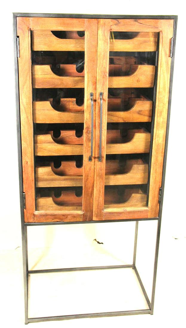 TALL WOOD & METAL BASE GLASS DOOR WINE CABINET: TALL WOOD & METAL BASE GLASS DOOR WINE CABINET. Height: 59 in. by Width: 27 in. by Depth: 17 in.