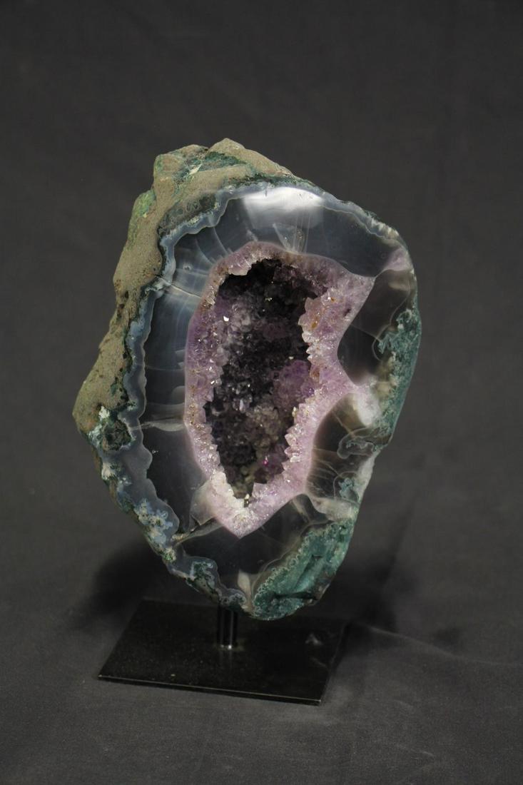AGATE AND AMETHYST GEODE ON STAND: AGATE AND AMETHYST GEODE ON STAND - (AG100) Height: 9.5 in. by Width: 6 in. by Depth: 4 in.