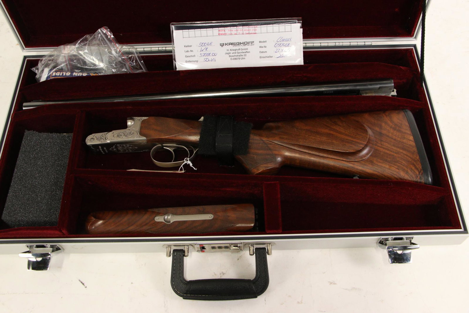 CASED KRIEGHOFF CLASSIC "BIG FIVE" DOUBLE RIFLE: USED CASED KRIEGHOFF CLASSIC "BIG FIVE" 500 NITRO EXPRESS DOUBLE BARRELS RIFLE - LIKE NEW CONDITION, 24in BARRELS CALIBER: 500 NITRO EXPRESS; SERIAL NUMBER: 050568;