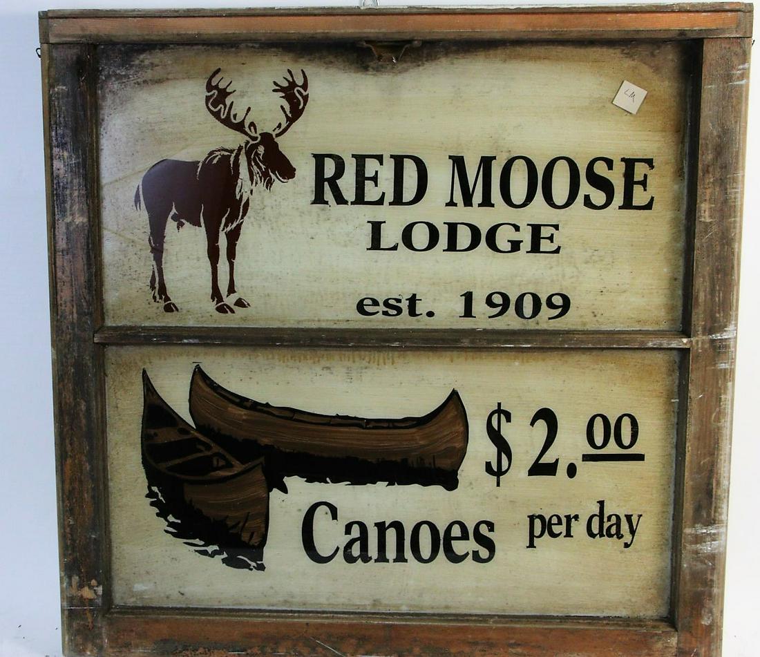 RED MOOSE LODGE 1909 CANOES 2.00 PER DAY: RED MOOSE LODGE 1909 CANOES 2.00 PER DAY IN A VINTAGE WINDOW FRAME. Height: 27 in. by Width: 28 in.