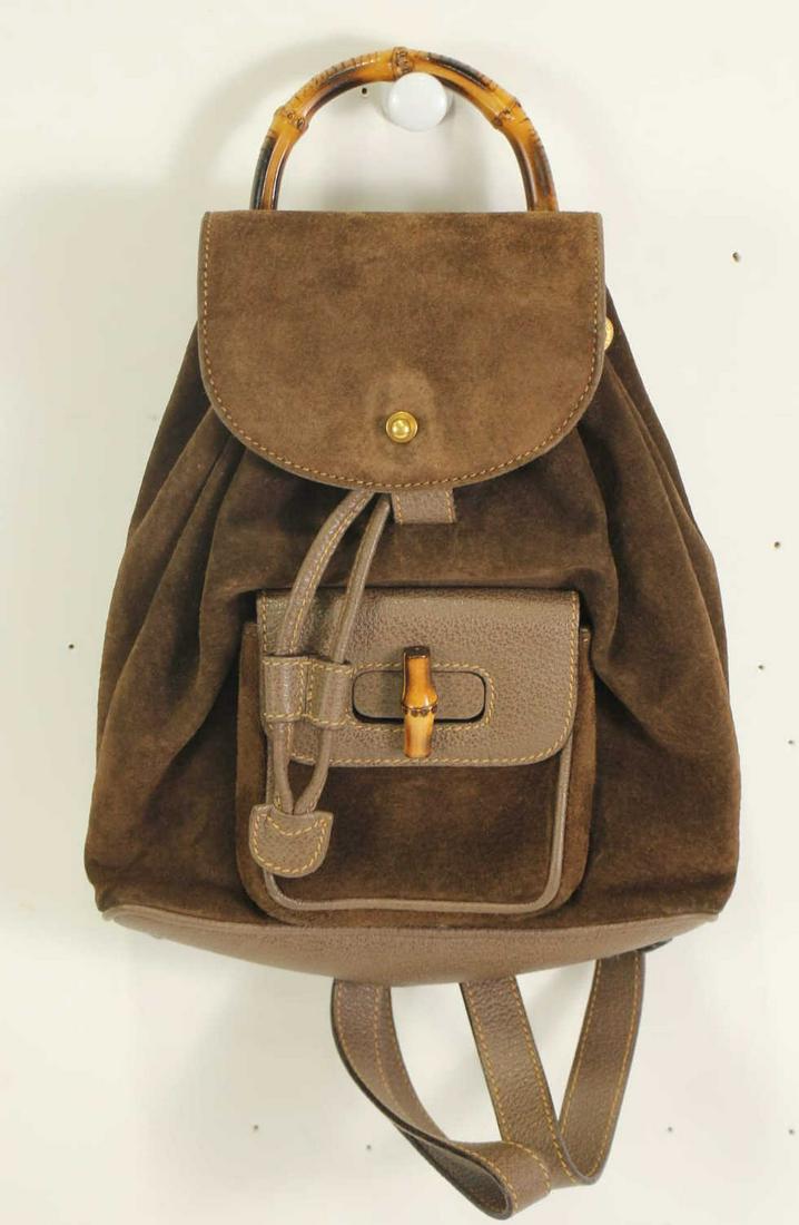 Gucci Dark Brown Bamboo Backpack: Gucci Dark Brown Suede Leather Bamboo Backpack Shoulder Bag - IN VERY GOOD CONDITION (COA Included)