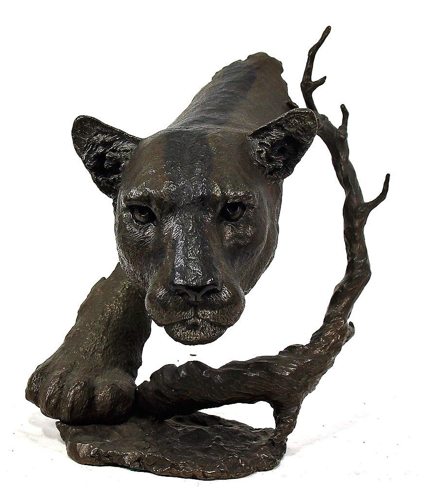 MARK HOPKINS BRONZE COUGAR HEAD SCULPTURE: MARK HOPKINS BRONZE COUGAR HEAD SCULPTURE EDITION NUMBER 252/450. Height: 14 in. by Width: 8 in. by Depth: 5 in.