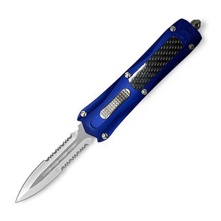 Cobratec Blue King Cobra OTF Knife: NEW Cobratec King Cobra Dagger (2-Side Ser) SL/PS Blue Chassis; 4in D2 Steel; 5in Blue 6061-T6 Aluminum Handle w/Carbon Fiber inlay Double action Out the Front Knife with top release button. - **CANNO