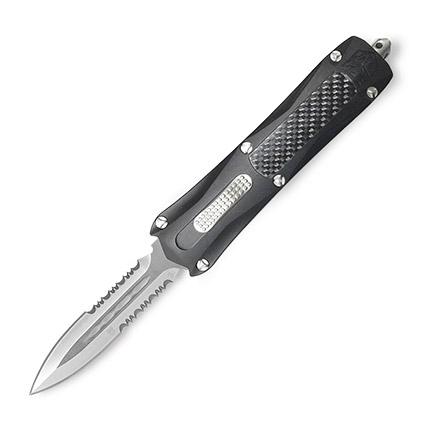 Cobratec Gray King Cobra OTF Knife: NEW Cobratec King Cobra Dagger (2-Side Ser) SL/PS Gry Chassis; 4in D2 Steel; 5in Gray 6061-T6 Aluminum Handle w/Carbon Fiber inlay Double action Out the Front Knife with top release button. - **CANNOT