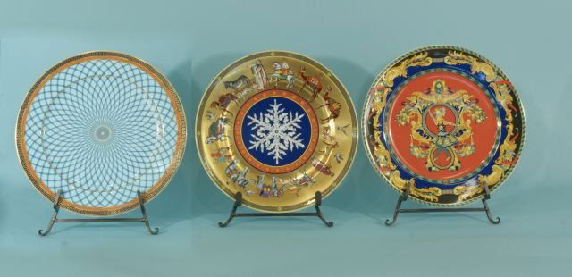 SET OF THREE ASSORTED VERSACE DINNER PLATES: SET OF THREE ASSORTED VERSACE DINNER PLATES. Height: 12 in. by Width: 12 in. by Depth: 2 in.