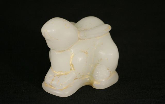 MUGHAL CARVED WHITE JADE WITH GOLD ACCENT RABBIT: CARVED WHITE JADE MUGHAL EMPIRE STYLE WITH GOLD ACCENT RABBIT. Height: 3 3/4 in. by Width: 4 3/4 in. by Depth: 2 3/4 in.