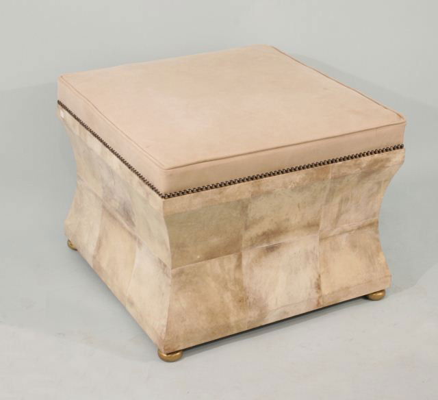 SQUARE OTTOMAN WITH NAIL HEAD TRIM: VELLUM & SUEDE SQUARE OTTOMAN WITH NAIL HEAD TRIM. Height: 19 1/2 in. by Width: 25 1/2 in. by Depth: 25 1/2 in.