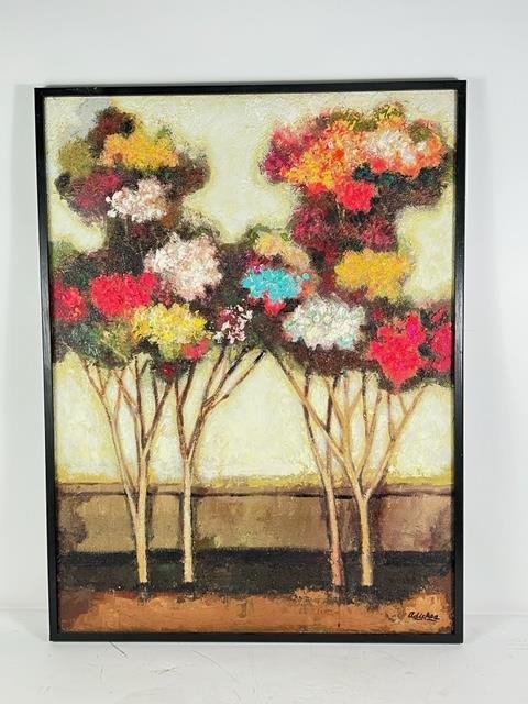FOUR TREES BY DAVID ADICKES ACRYLIC PAINTING: FOUR TREES BY DAVID ADICKES ACRYLIC ON PANEL PAINTING. Height: 41 in. by Width: 31 in.