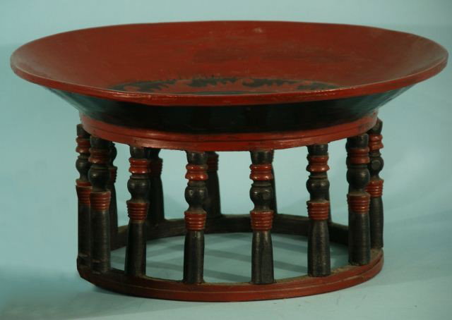 ANTIQUE ORIENTAL CINNABAR COLORED BOWL ON STAND: ANTIQUE ORIENTAL CINNABAR COLORED BOWL ON STAND. Height: 9 1/2 in. by Width: 19 in. by Depth: 19 in.