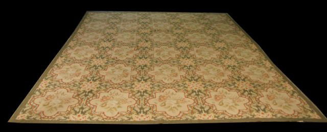ANTIQUE PORTUGUESE NEEDLEPOINT RUG IN GREEN SHADES: ANTIQUE PORTUGUESE NEEDLEPOINT RUG IN GREEN SHADES. Height: 11 ft. 4 in. by Width: 9 ft. 3 in.