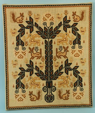 FOLK ART ANIMAL SCENE NEEDLEPOINT ON CANVAS: FOLK ART ANIMAL SCENE NEEDLEPOINT ON CANVAS. Height: 29 in. by Width: 24 1/4 in. by Depth: 1 1/2 in.