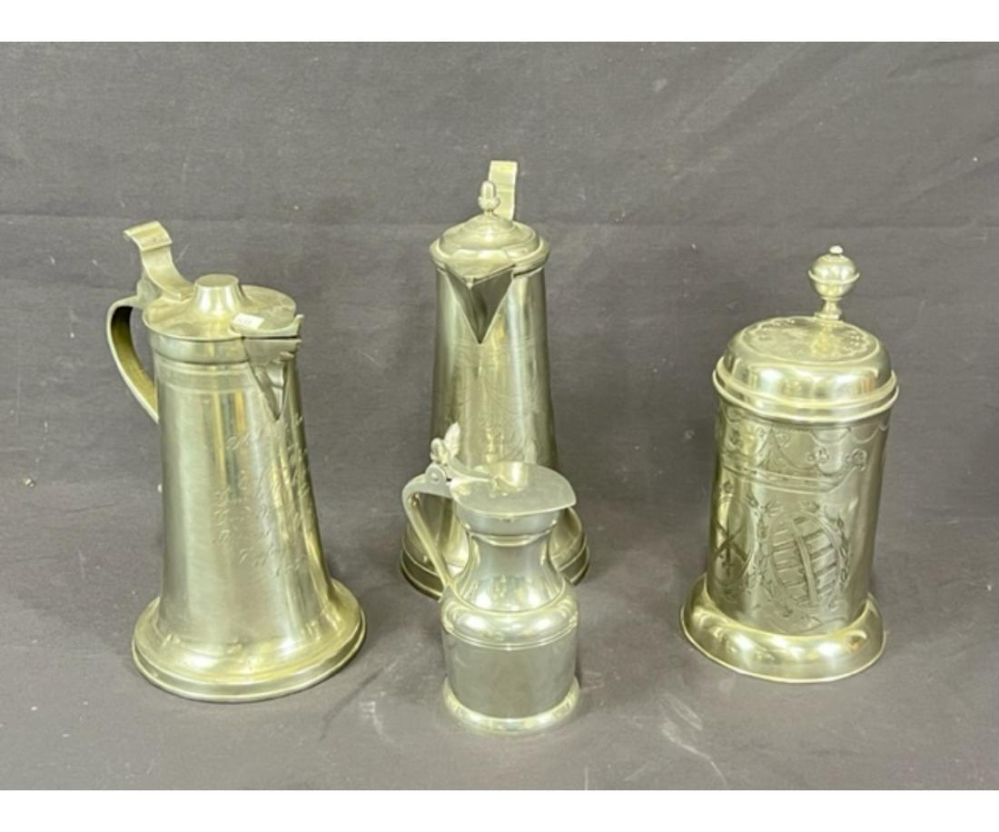 MIXED LOT OF FOUR ANTIQUE PEWTER LIDDED STEINS (1 of 6)