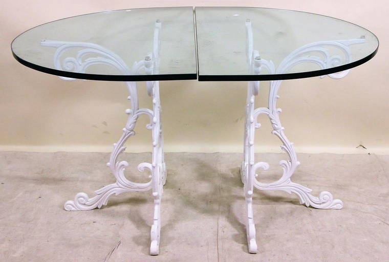 PAIR OF CAST METAL GLASS TOP GARDEN TABLES W/4 CHAIRS Feb 23, 2022