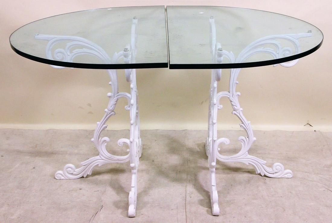PAIR OF CAST METAL GLASS TOP GARDEN TABLES W/4 CHAIRS Feb 23, 2022