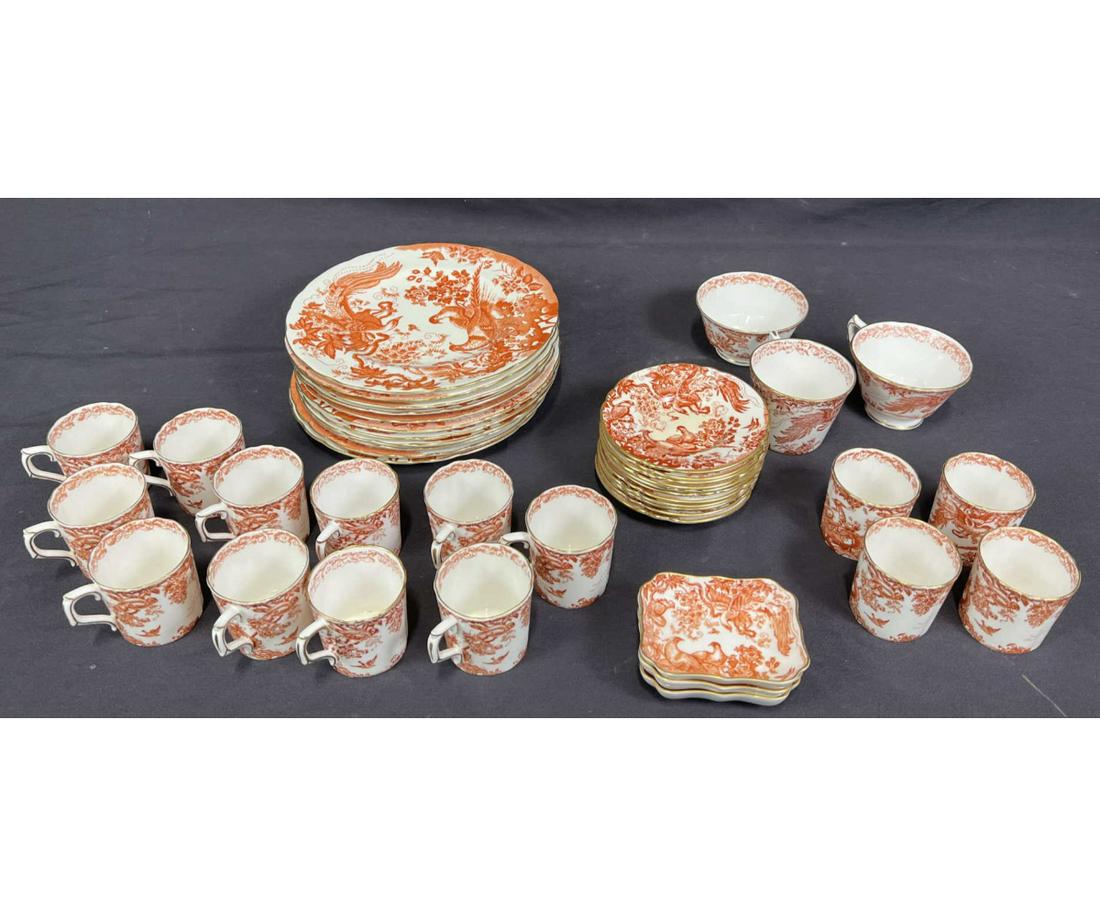 42 PCS ROYAL CROWN DERBY BONE CHINA TEA SET: 42 PCS ROYAL CROWN DERBY BONE CHINA TEA SET - RED AVES PATTERN: 18-CUPS; 3-SMALL DISHES; 10-SAUCERS; 11-DINNER PLATES