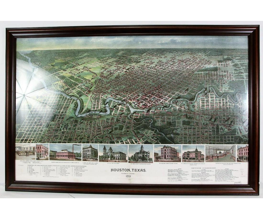 FRAMED MAP OF HOUSTON TEXAS, RESTRIKE 1891 (1 of 6)