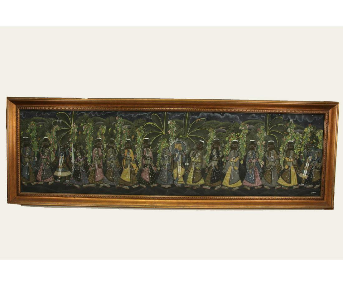 ANTIQUE INDIAN MUGHAL STYLE OIL ON CANVAS PAINTING (1 of 4)