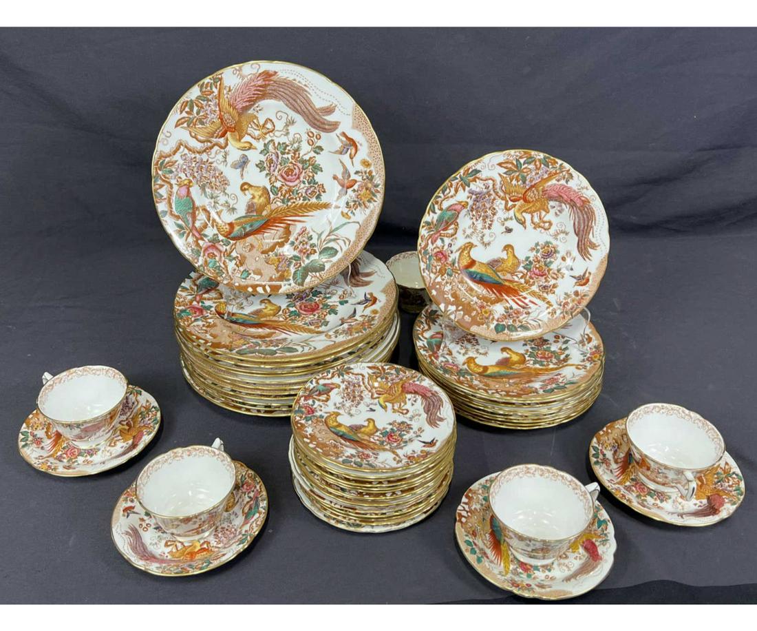 46 PCS ROYAL CROWN DERBY OLDE AVES BONE CHINA SET: 46 PCS ROYAL CROWN DERBY OLDE AVES BONE CHINA SET: 5-CUPS; 4-SMALL PLATES; 15-SAUCERS; 10-SALAD PLATES; 12-DINNER PLATES