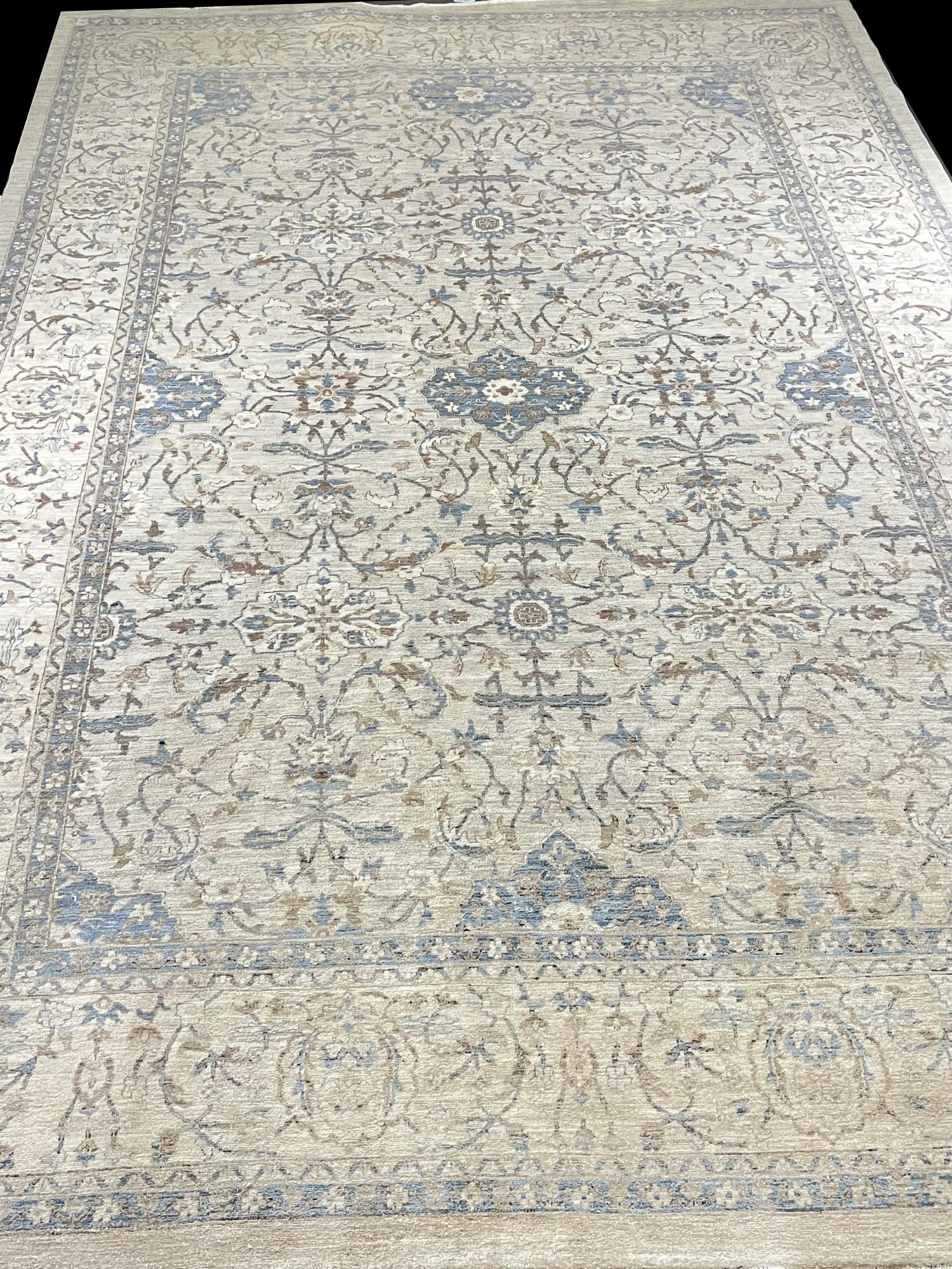 HAND-KNOTTED TAN PERSIAN AREA RUG: HAND-KNOTTED TAN PERSIAN AREA RUG. Height: 162 in. by Width: 116 in.