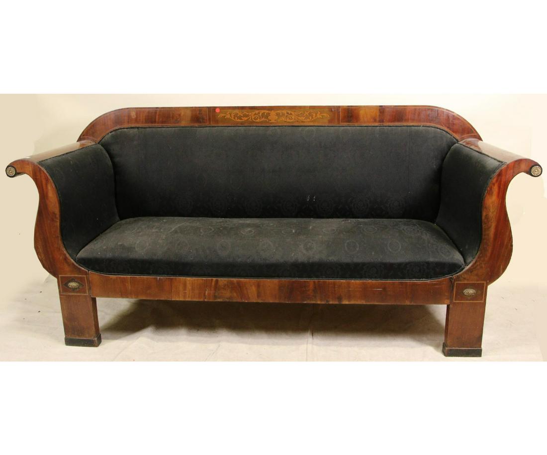 ANTIQUE MAHOGANY UPHOLSTERED SOFA: ANTIQUE MAHOGANY UPHOLSTERED SOFA. Seat has tear, sold in as is condition. Height: 36 in. by Width: 68 in. by Depth: 24 in.