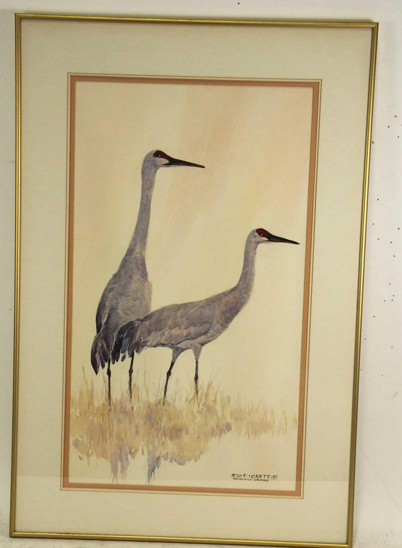 ED FICKETT SOUNDHILL CRANES WATERCOLOR PAINTING: ED FICKETT SOUNDHILL CRANES WATERCOLOR PAINTING.